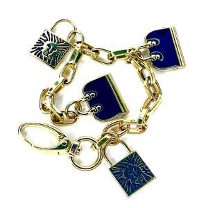 VTG Anne Klein CHARM BRACELET Black Enameled Handbag & Lion Logo Locket Bar Link
